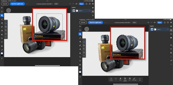 Sequence of Photoshop screen shots show selection and moving of one lens