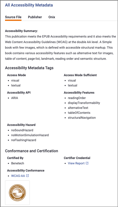 The accessibility metadata for Out of the Sun