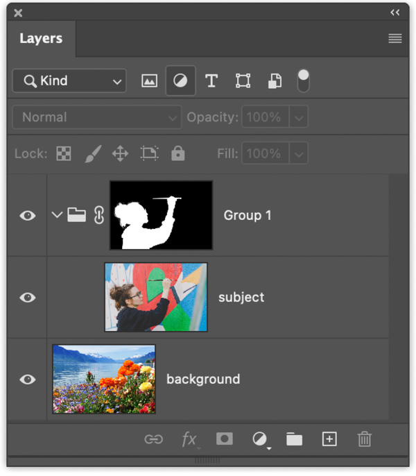 Photoshop Layers panel with three layers. Group 1 masks woman, Subject layer is linked to Group 1. Third layer is Background, original image.