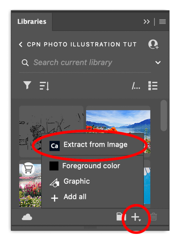 Photoshop Libraries panel with highlights on panel menu showing Extract from Image menu item
