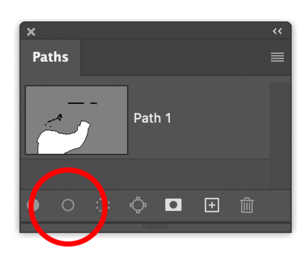 Photoshop Paths panel showing Path 1 and highlighting icon for Stroke Path