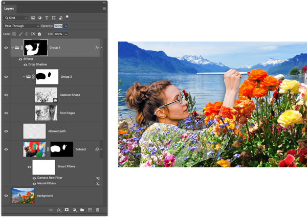 Final image as shown in Figure 1, next to screenshot of full Photoshop Layers panel showing all effects and paths applied