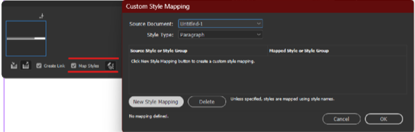 InDesign screenshot with Content conveyor shown and highlighted checkbox for Map Styles checked. Custom Style Mapping dialog box lists options for source document (untitled-1), style type (Paragraph), New Style Mapping button.