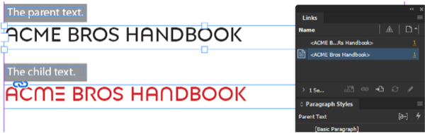 Parent and child text frames show text updated in both instances