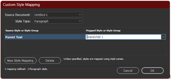 Custom Style Mapping dialog box shows Mapped Style or Style Group set to "Grandchild 1"