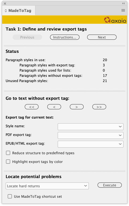 MadeToTag panel in InDesign
