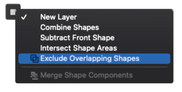 Photoshop Path Options menu with "Exclude Overlapping Shapes" selected