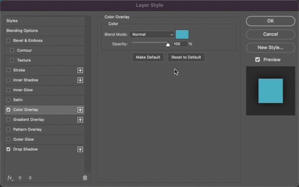 Layer Style dialog box shows color overlay selected with blend mode: normal and opacity: 100%