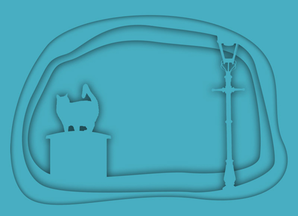 Shadow applied to cat, trash can, and street light as well as two concentric hand-drawn ellipse shapes, against solid blue background
