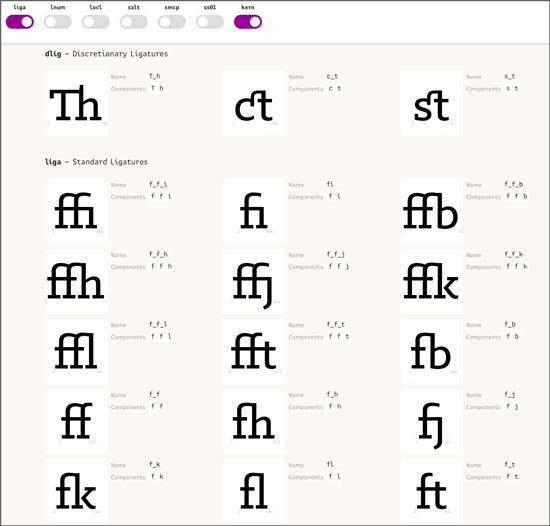 FontDrop displays the ligatures in a particular font