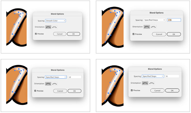 Reducing the number of steps in a blend for the rope brush: By default, Spacing is set as Smooth Color, which results in 178 steps—way too many. Depending on the size of your brush, you may be able to reduce this to a very small number. Admittedly, 6 might be too low for a smooth result, but it’s worth trying in a test print. You might be surprised how few steps you can get away with using.