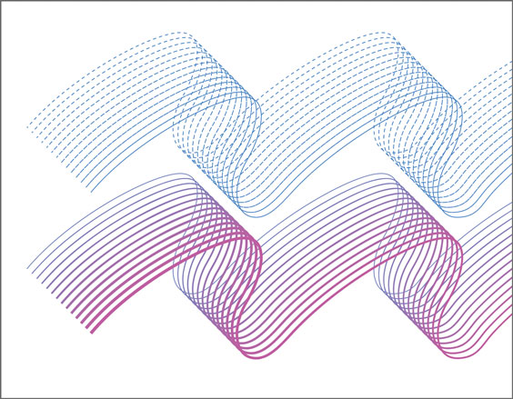 Guilloché artwork with blends between different dash settings (top) and different variable strokes (bottom)