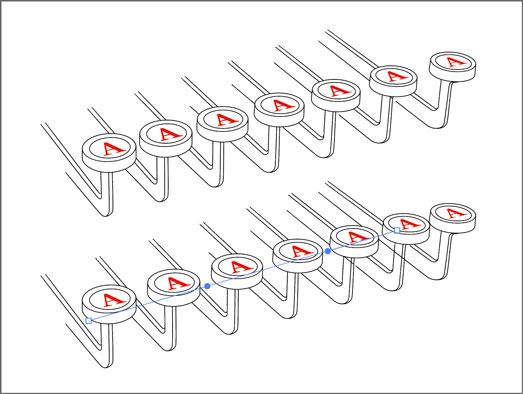 Blends are great for creating many objects in perspective (such as the keys of this typewriter). This will need a lot of editing after expanding the blend, but as long as it is still live, you have to adjust the spacing of blend steps by creating handles (the blue dots) for the straight blend spine. Compare the default blend (top) and after adjusting the handles (bottom).