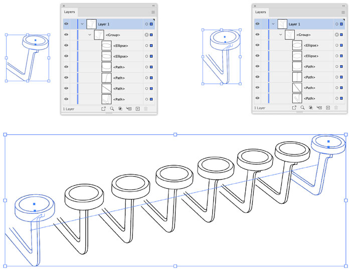 Blended groups: There are the same number of paths in the same stacking order in each group, but their shape and positions change, which creates the illusion of perspective.