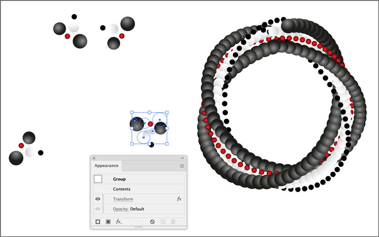In this example, all of the groups have Transform effects with different settings applied while being blended along a circular spine. Additionally, you can move the items in the groups independently. Tip: If you want to rotate more than 360°, apply more than one transform effect. Unfortunately, there is no simple fix for the spot where the spine’s start and end points meet. If you don’t like the look of that you will need to find a way to cover it up.