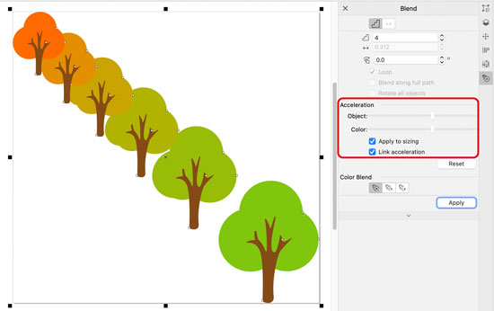 CorelDRAW offers the option to set the acceleration of a blend, giving you more control over the transitions of objects and colors.