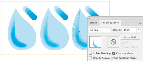 Knockout Group inactive (left) and active (center and right): Note how the blend is considerably darker and overlapping shapes look&nbsp;different when it’s not a Knockout Group.