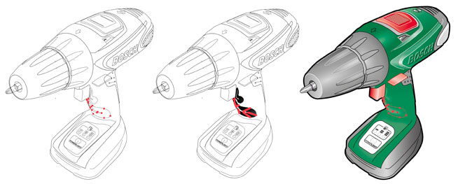 Live blend (left) compared to the expanded blend (center): What looks simple and efficient in Illustrator can become complex and bloated in output. In this case, the highlight on the drill handle is composed of so many vector objects the area looks black in Outline mode.