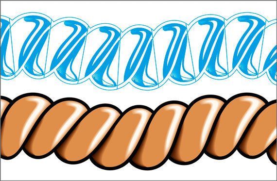 To create this rope brush in a realistic fashion, you can use blends. The top shows the Outline view of an expanded brush.