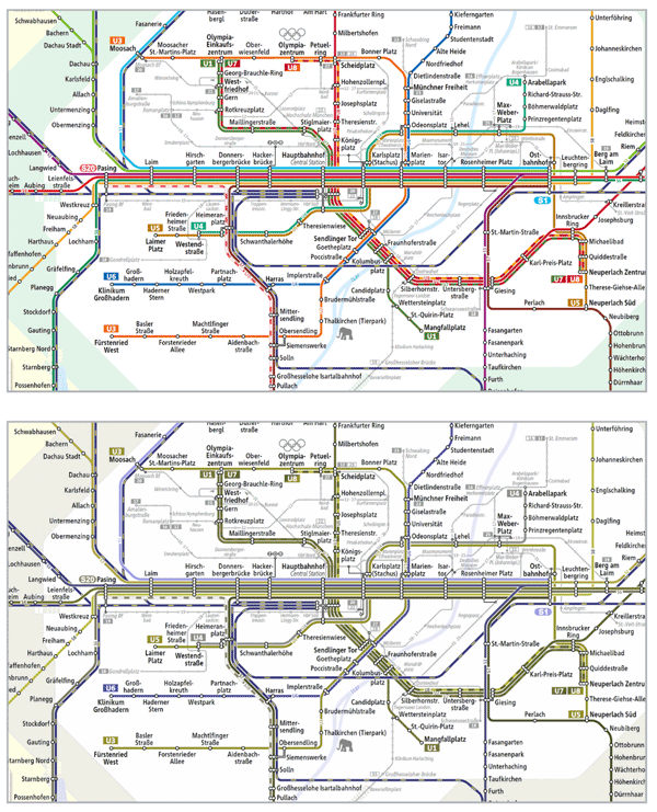 a comparison of the Munich subway map as seen with normal vision and deuteranopia