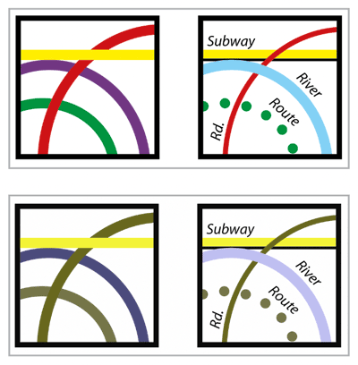 examples of how to make map data understandable by people with color vision defects using line width, hue, saturation, annotation, and patterns instead of just color