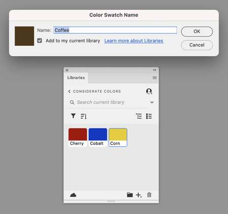 the dialog box in Photoshop for saving a new color swatch with the option to include it in a CC library