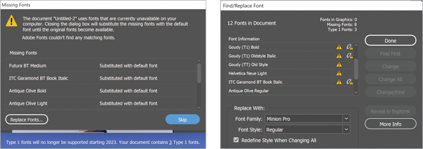 On left, the error message with missing fonts. Screen shot on right shows Find/Replace Font screen.