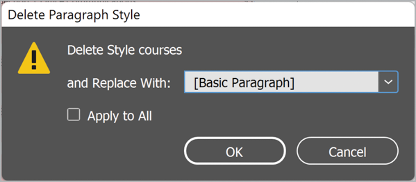 Delete Paragraph Style alert with menu to select style to replace and checkbox for Apply to All