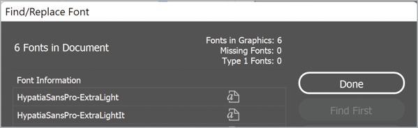 Detail of Find/Replace Font dialog box shows the number of missing fonts in graphics