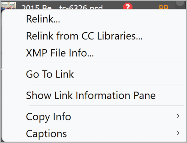 Links panel menu with Go to Link option highlighted