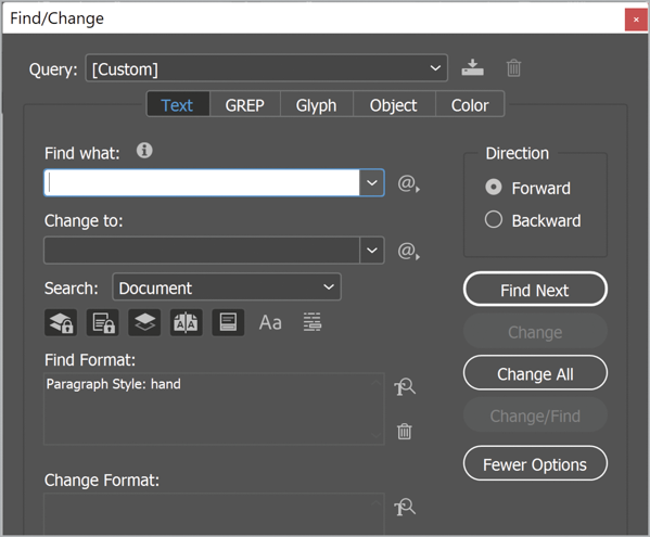 Find/Change dialog box shows paragraph style selected under Find Format option
