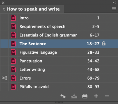 InDesign book panel shows individual InDesign files comprising a book, with a lock icon to right of one of them.