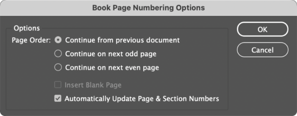 Book Page Numbering Options panel with radio button selections for page order: continue from previous document (selected), continue on next odd page, continue on next even page, insert blank page (greyed out). Checkbox option (checked) for automatically update page and section numbers.