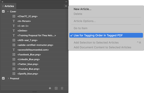InDesign articles panel used for tagging content in accessible PDF