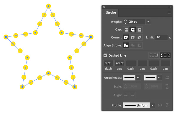 Basic settings for making a dotted stroke in Adobe Illustrator