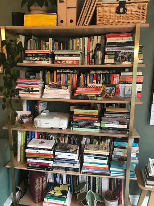office bookcase full of books on graphic design