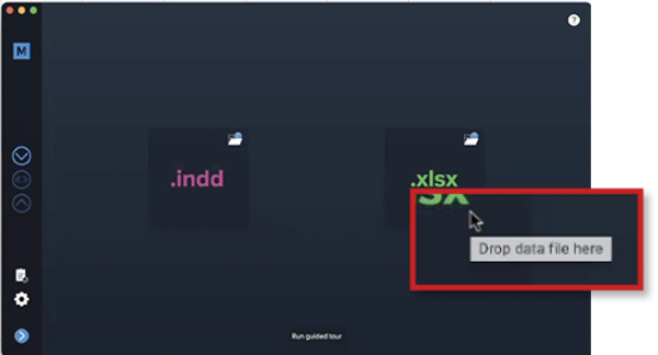 Interface for MyDataMerge with highlight of "drop data file here" tool tip instruction.