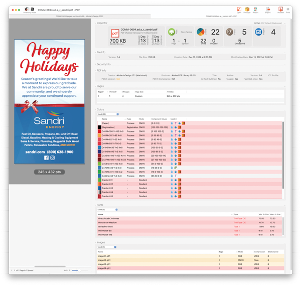 Screenshot of Inventory Mode gives a report of the entire document through fonts, images, document info, etc.