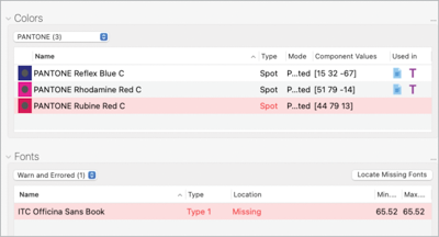 Screenshot of document report shows use of Pantone Reflex Blue C, Pantone Rhodamine Red C, and Pantone Rubine Red C, as well as Type 1 font Officina Sans