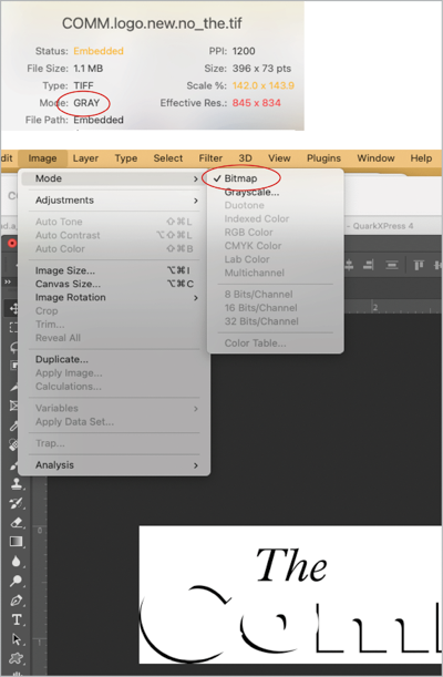 Screenshot of original graphic in Photoshop with Image Mode as Bitmap, juxtaposed with screenshot of FlightCheck identifying the same graphic as being a greyscale image