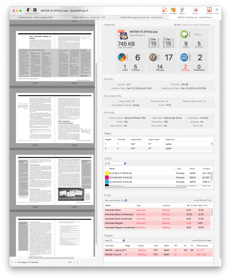 Screenshot of Inventory Mode screen for QuarkXPress file, showing thumbnails of four spreads of b/w book with missing fonts and missing images.