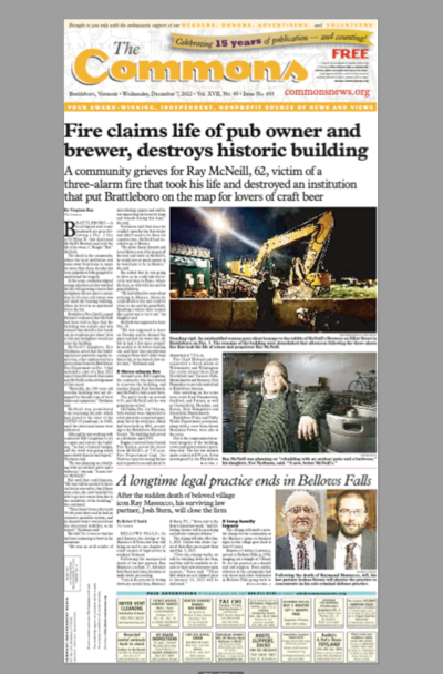 Front page of newspaper The Commons with headline about fire claiming life of pub owner