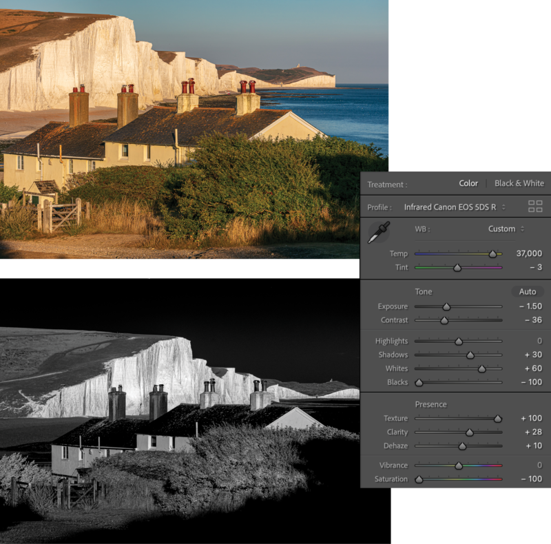 Black and white photo of cottages by sea, showing eerie contrast. Screen shot of Color panel in Photoshop with infrared settings
