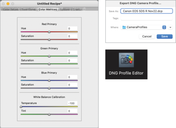 Screenshot of DNG Profile Editor shows sliders for Color Matrices (Red Primary, Green Primary, Blue Primary, each with controls for hue and saturation, and White Balance Calibration, with sliders for Temperature and Tint).