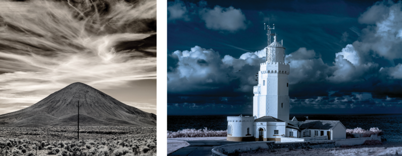 Left photo: desert mountain peak with accent on cloud patterns in sky; right photo shows color infrared photo of seaside building with emphasis on dark clouds in the sky