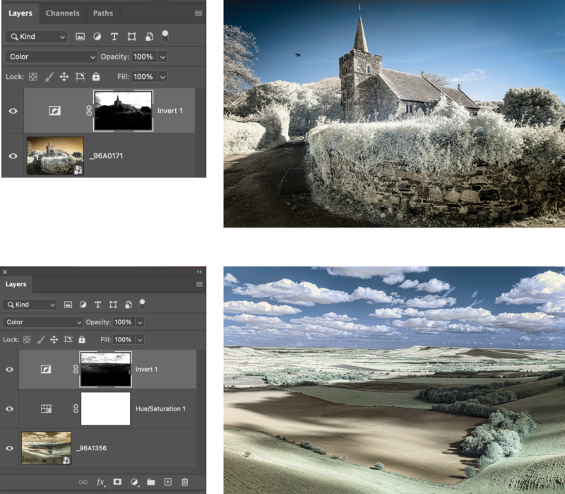 Two examples of photos with adjustment layers to adjust colors in sky, with Layers screenshots for each