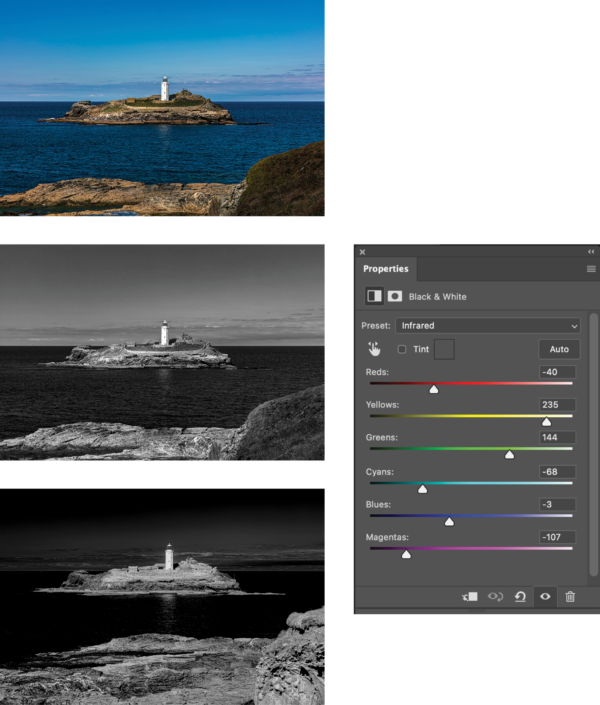 Color photo of lighthouse on island with conversion to b/w and screenshot of Photoshop Properties settings to simulate infrared photography