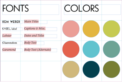 Ink and Paint shows book uses Kem Weber, Kabel, Lobster, Clarendon, and Garamond for fonts and nine colors (pink, red, tan, orange, cyan, aquamarine, light green, olive, turquoise)