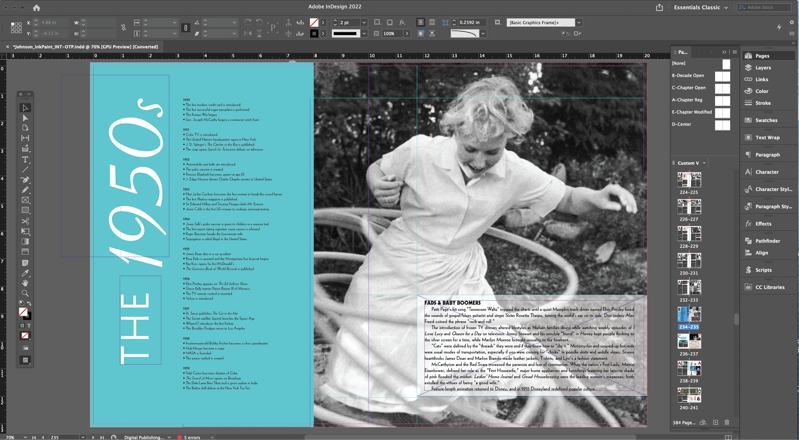InDesign screenshot shows spread for 1950s with b/w photo of woman spinning hula hoops