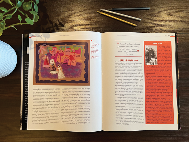Printed book open to spread showing color pastel concept drawing of three women in front of a South American cityscape; text on facing page includes pull quote from Walt Disney and a sidebar about Mary Blair 